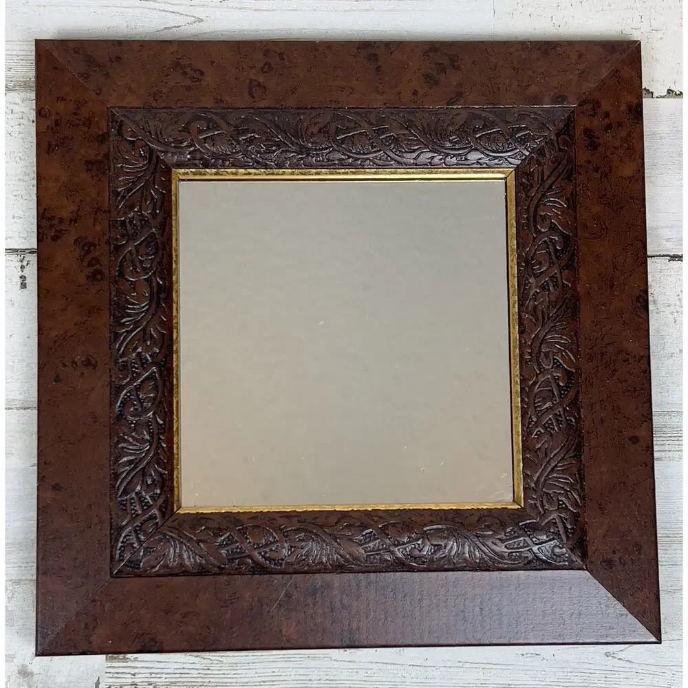 Vintage Home Interiors Square Mirrors Wood Embossed Gold Trim Wall Hanging 2 Way